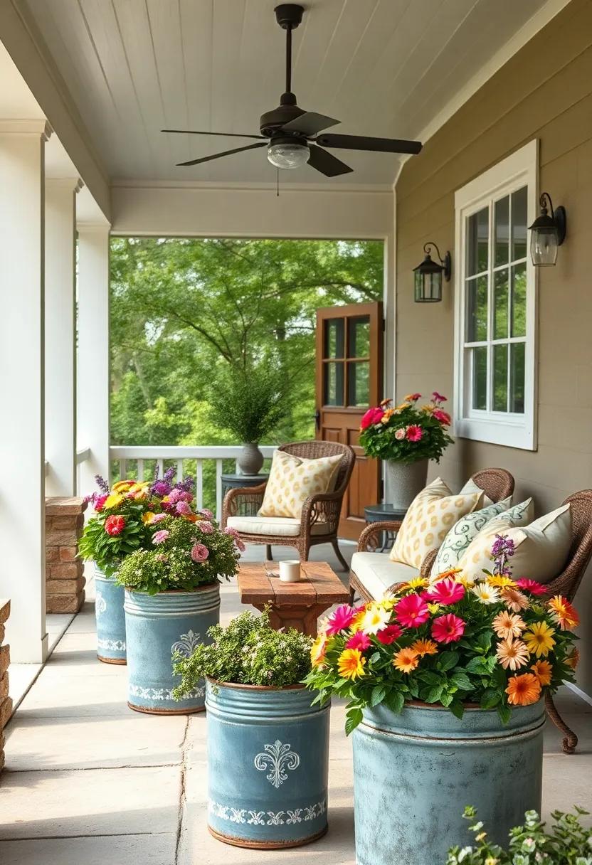 Rustic galvanized metal planters filled with seasonal blooms for an ⁢authentic vintage garden feel