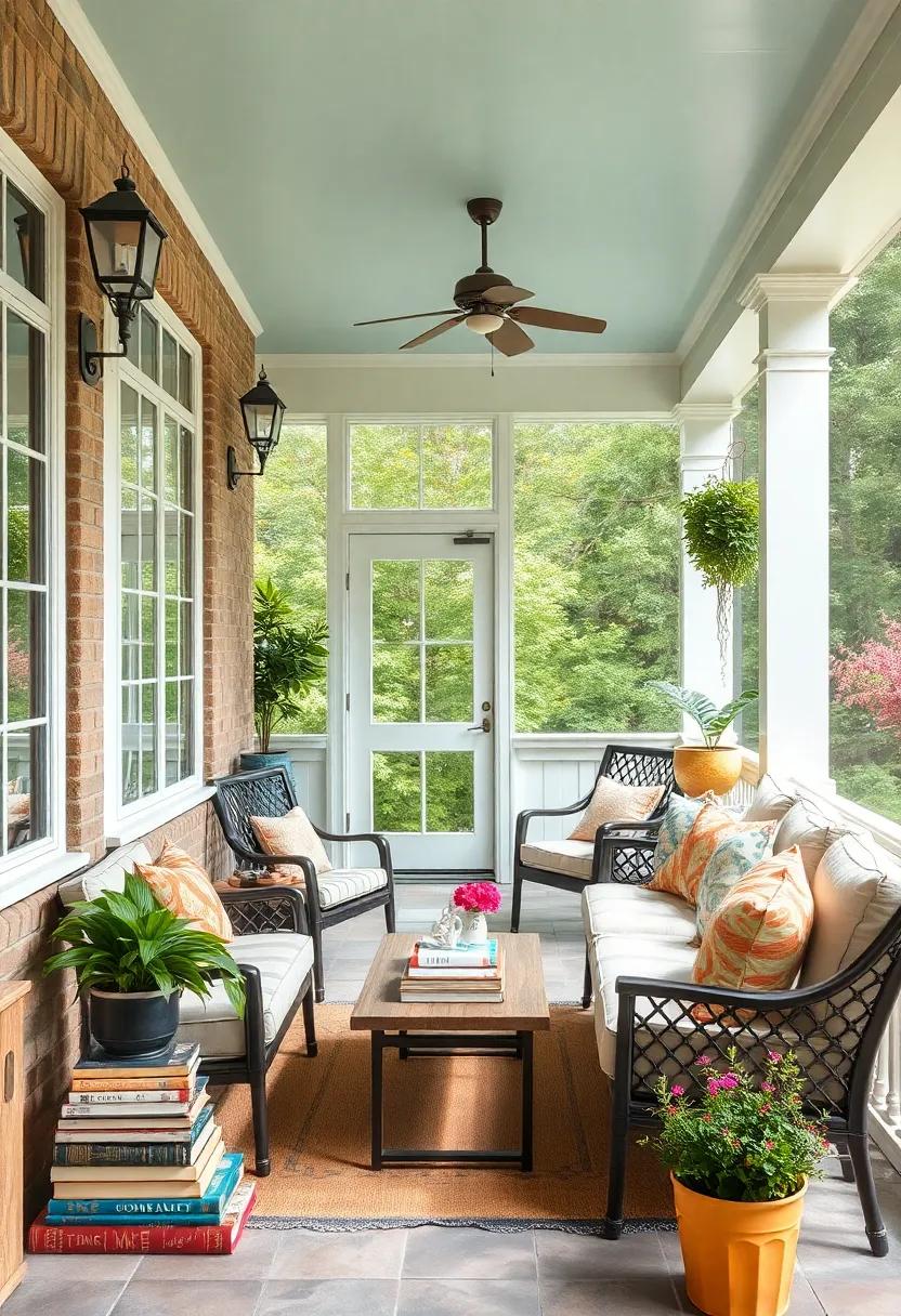 Soft pastel paint on porch walls complemented by knick-knacks like‌ old books and porcelain figurines