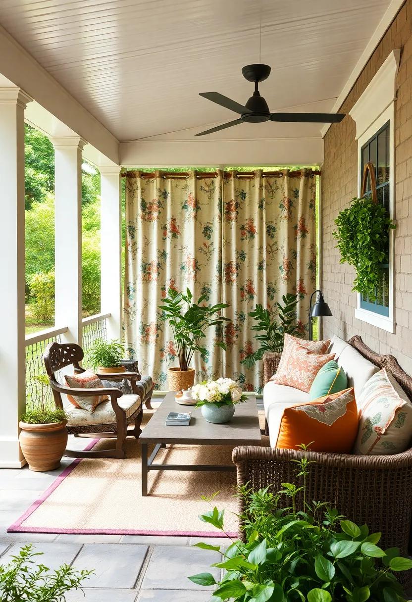 vintage-inspired floral curtains screening the porch for privacy and a splash of color