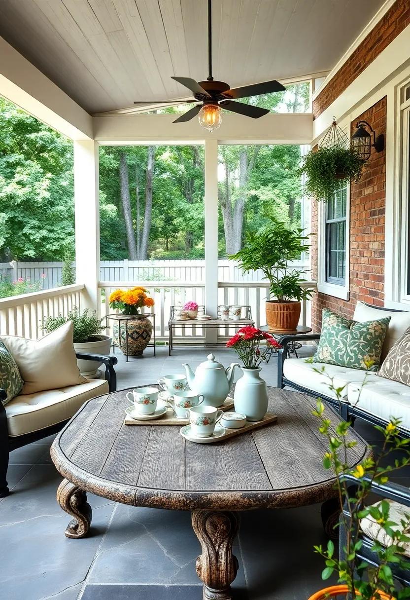 A weathered farmhouse-style‍ coffee ​table displaying‌ a collection of ‍antique teacups