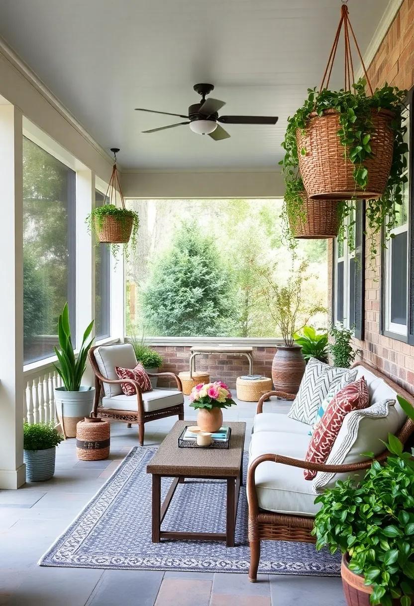 Woven hanging baskets with⁤ trailing greenery to soften⁢ the ⁣porch edges naturally
