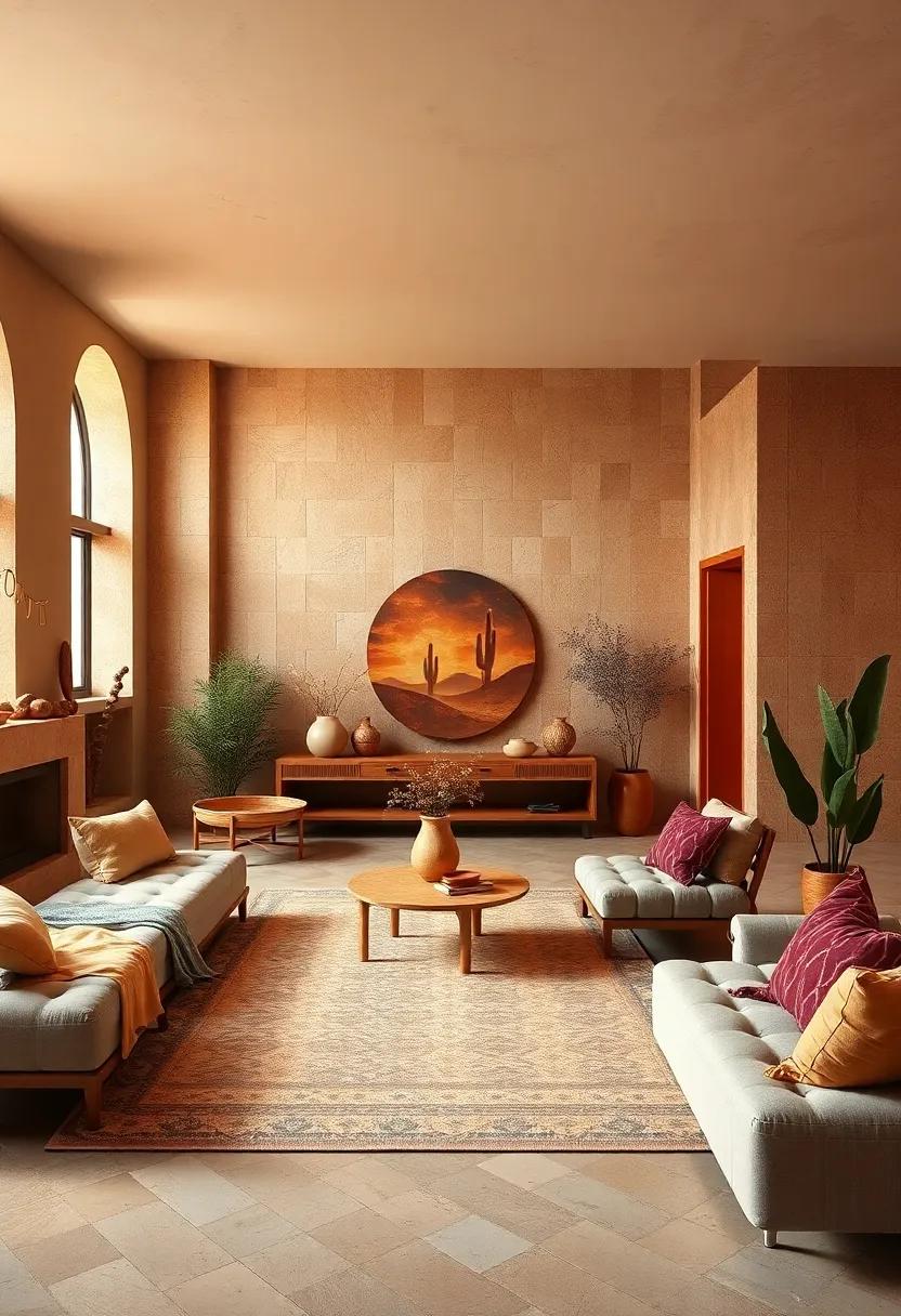 Desert Sunset: Warm terracotta, deep plum, and sandy tan combine to mirror the dramatic hues of a desert dusk