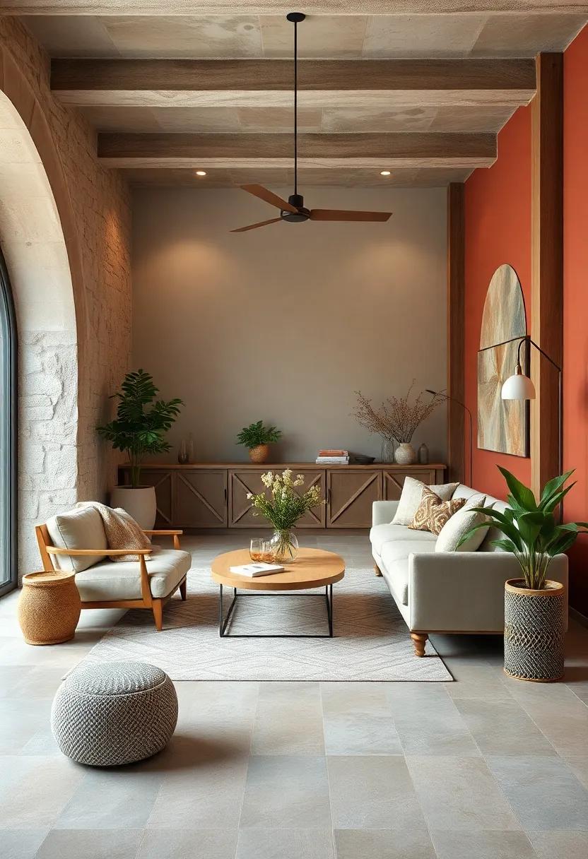 Rustic Charm: Muted brick red, sage green, and warm beige evoke countryside coziness with an​ artisanal touch