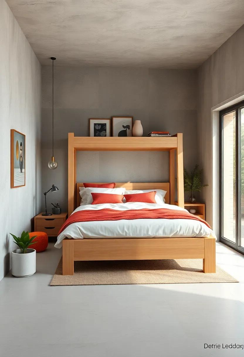Choose a minimalist lofted bed frame in light wood tones to keep the ‌room feeling airy and open