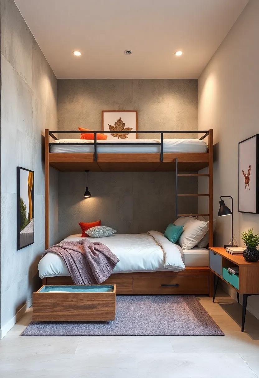 Maximize floor space with a sleek lofted bed featuring built-in storage‌ drawers underneath
