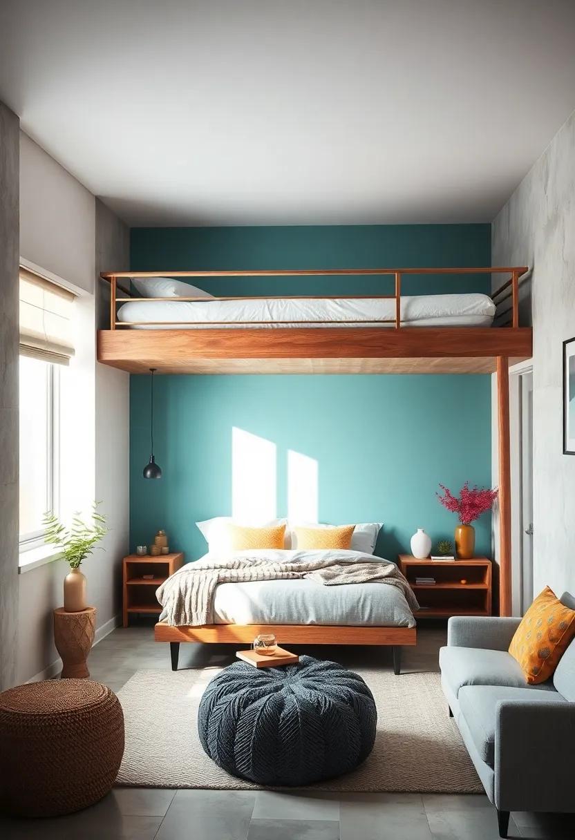 Paint the wall beneath a lofted bed in a bold color to define the area and add personality