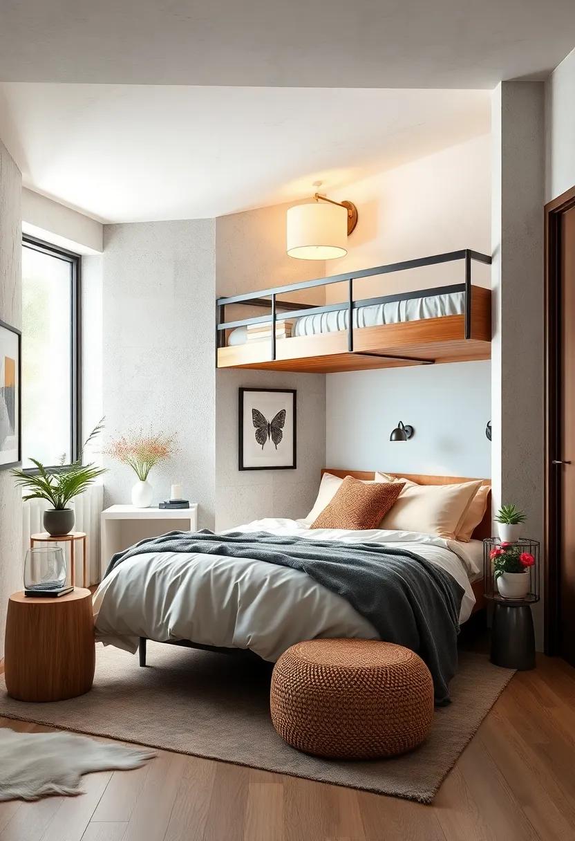 Use ​mirrored accents or furniture near‍ the lofted bed​ to visually expand the small bedroom