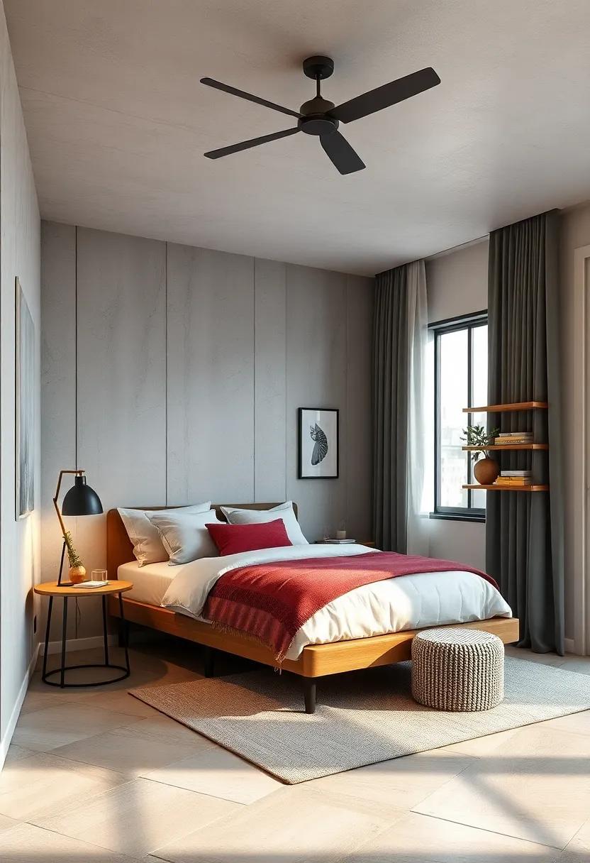 Utilize vertical wall space with floating shelves next to the lofted bed for additional storage