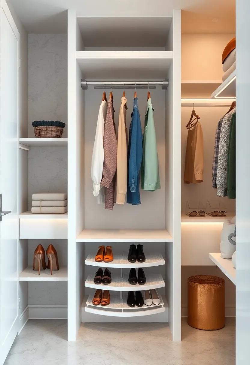 A sleek white closet with a rotating shoe carousel tucked neatly below hanging clothes for effortless access and space efficiency