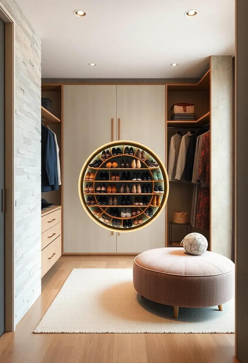 An open closet design showcasing a circular shoe carousel that doubles as a unique design element while providing smart storage