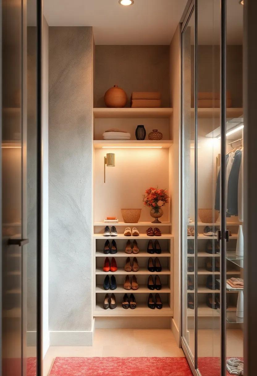A petite closet nook with a built-in shoe carousel nestled beneath soft-lit shelves, creating a cozy, organized corner