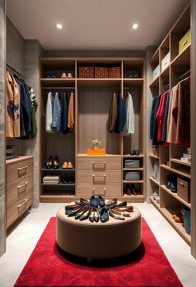 A multifunctional closet with a rotating shoe carousel that doubles as a storage ottoman, perfect for small spaces