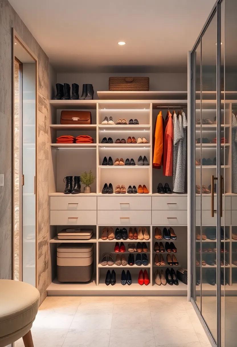 A stylish closet with a compact carousel that includes adjustable height settings, catering to boots and flats alike
