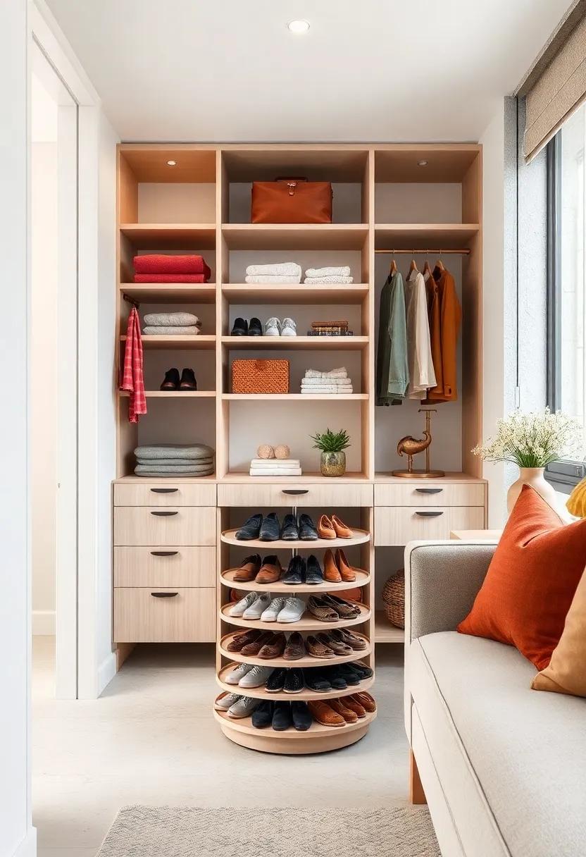 A Scandinavian-style small closet with a light wood rotating shoe carousel, enhancing the airy and functional vibe