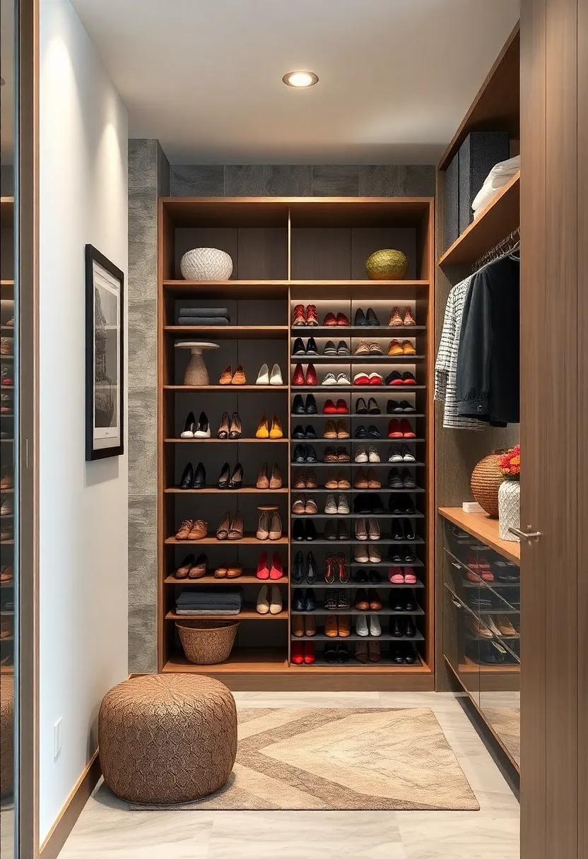 A small closet with a rotating shoe carousel that doubles as an art piece thanks to its geometric design