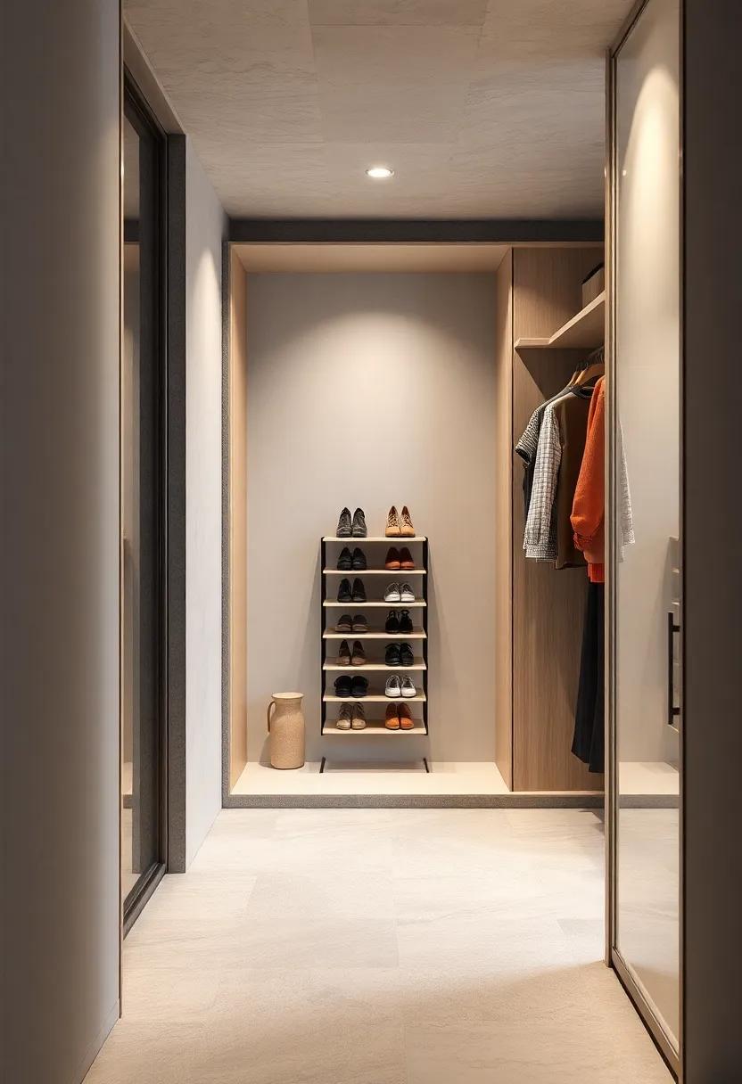 A modern closet with a metal shoe carousel hidden behind sliding doors, blending functionality with a clean aesthetic