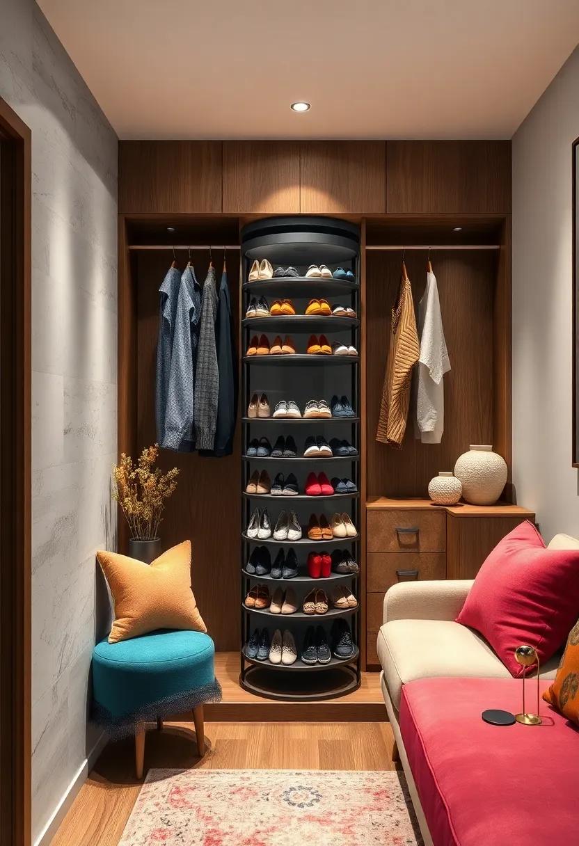 A space-saving closet utilizing a vertical rotating shoe carousel accessible via a sliding panel for added privacy