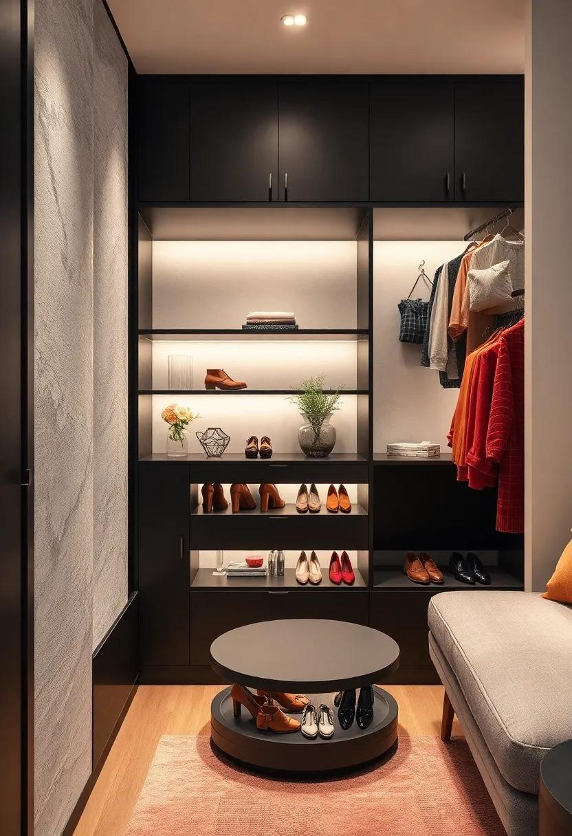 A black matte closet with a minimalist rotating shoe carousel that stands out as a chic storage solution