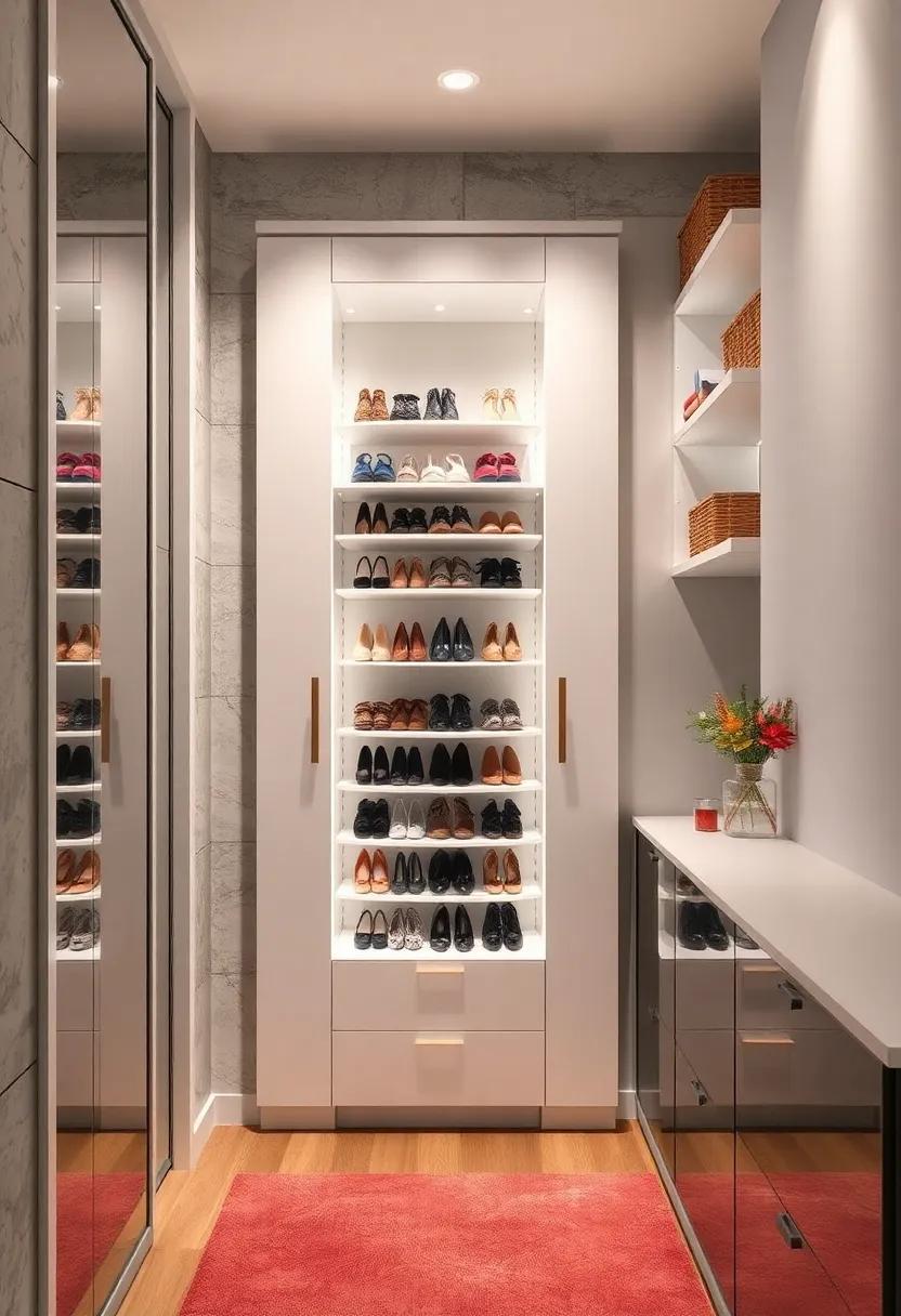 A compact corner closet featuring a multi-tiered circular shoe carousel that maximizes storage without encroaching on walking space