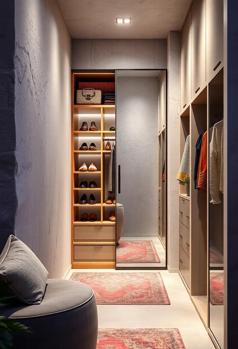 A closet incorporating a mirrored door that conceals a compact shoe carousel, combining reflection and storage space