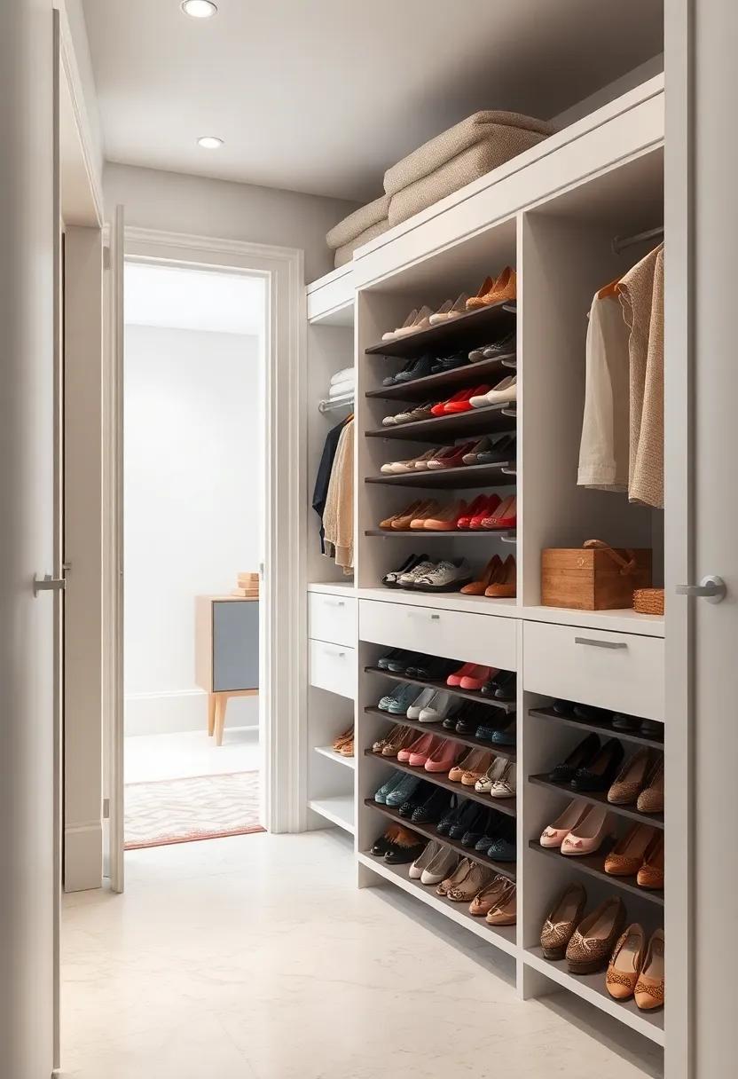 A cozy closet outfitted with a small, motorized shoe carousel that rotates at the touch of a button for high-tech convenience