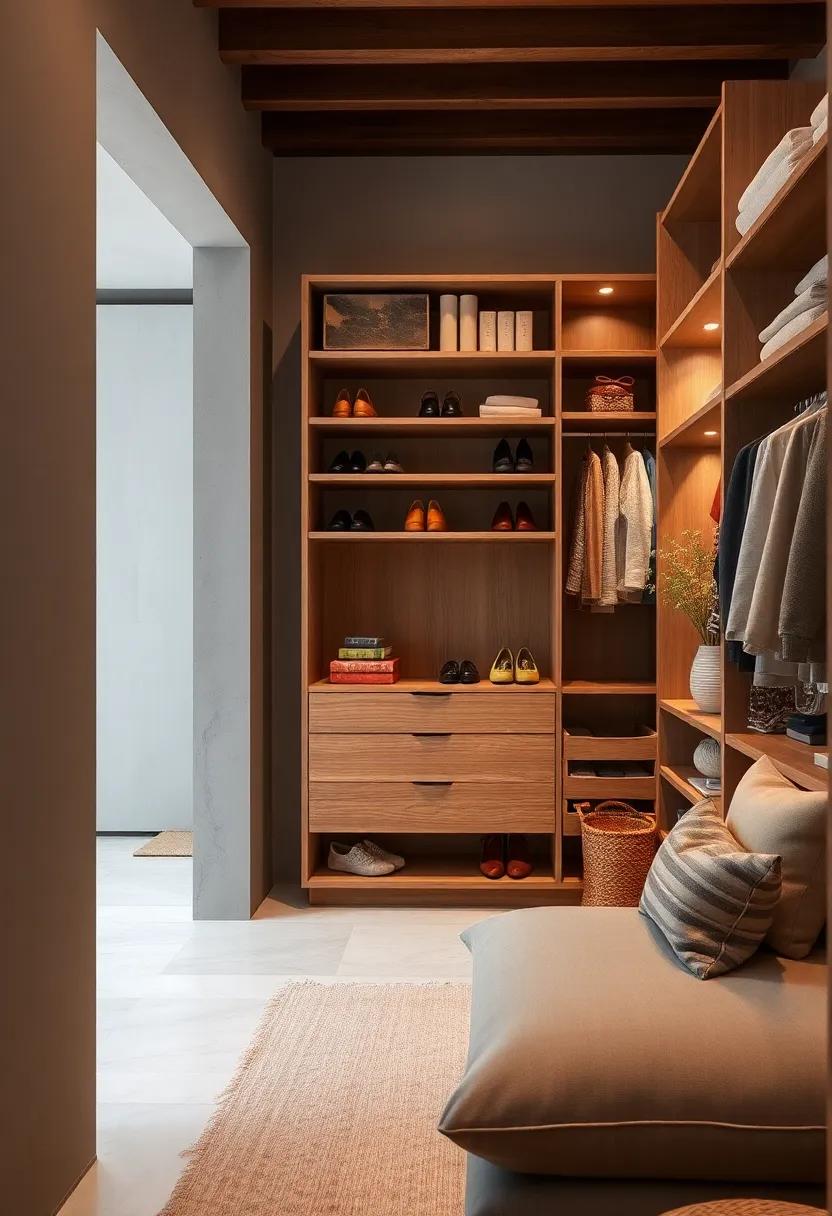 A clean-lined closet integrating a rotating carousel with LED lighting to highlight each pair of shoes effortlessly