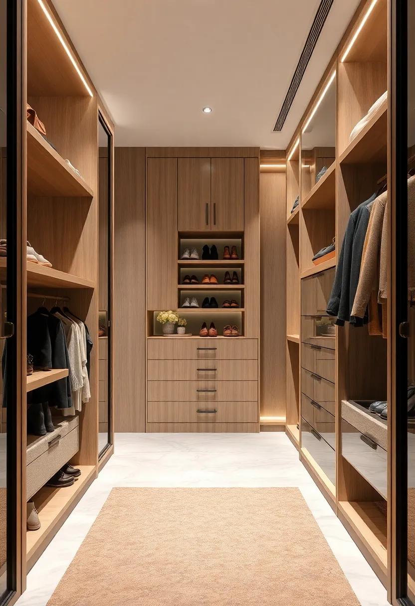 A narrow walk-in closet equipped with a hidden rotating shoe carousel to maintain a clutter-free and sleek look
