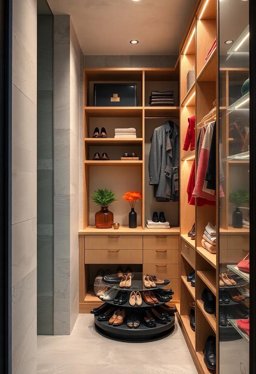 A narrow closet with floor-to-ceiling shelving paired with a rotating shoe carousel at the base, making use of every inch