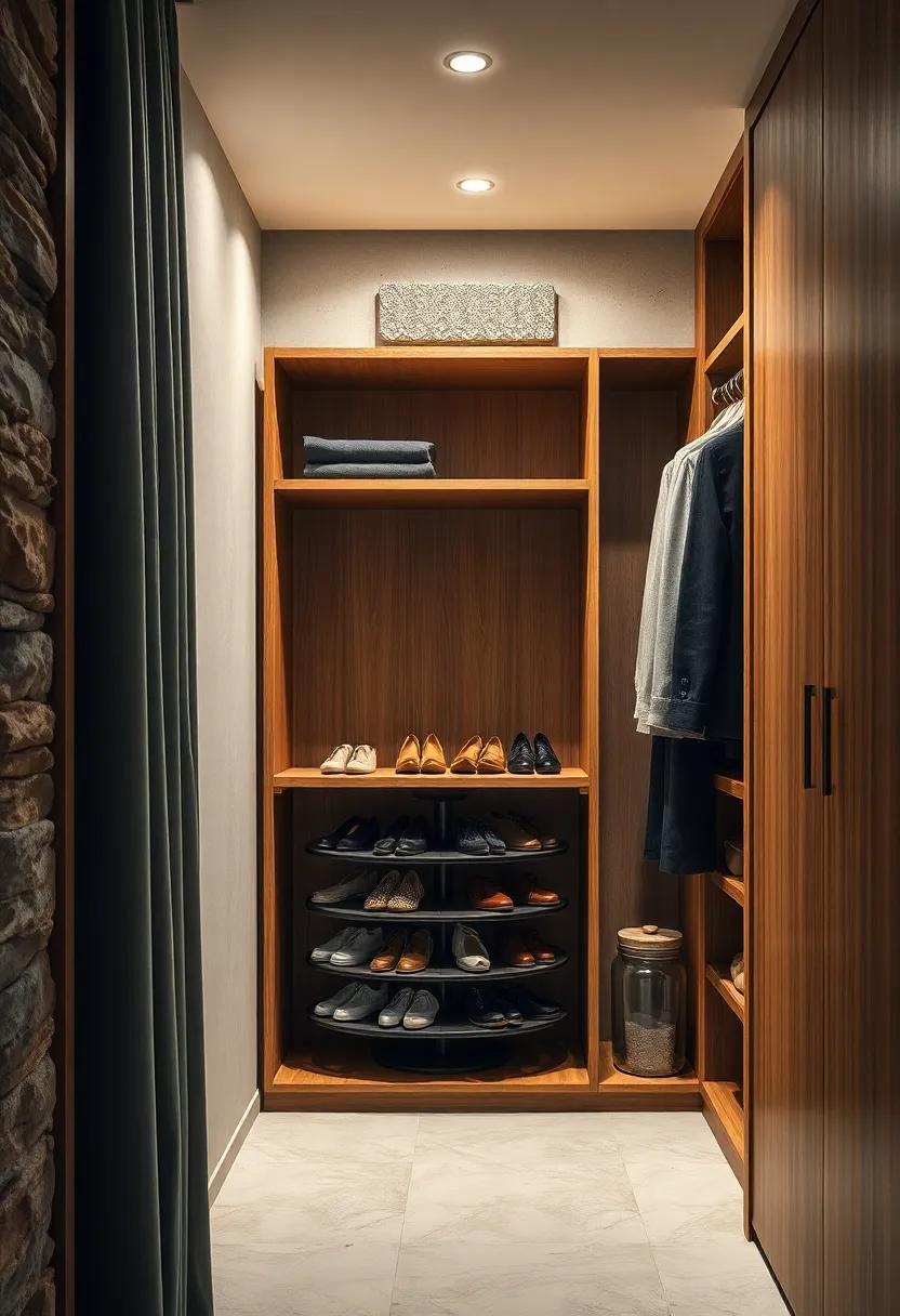 A minimalist wooden closet with a built-in shoe carousel that spins smoothly, allowing for stylish organization in tight quarters