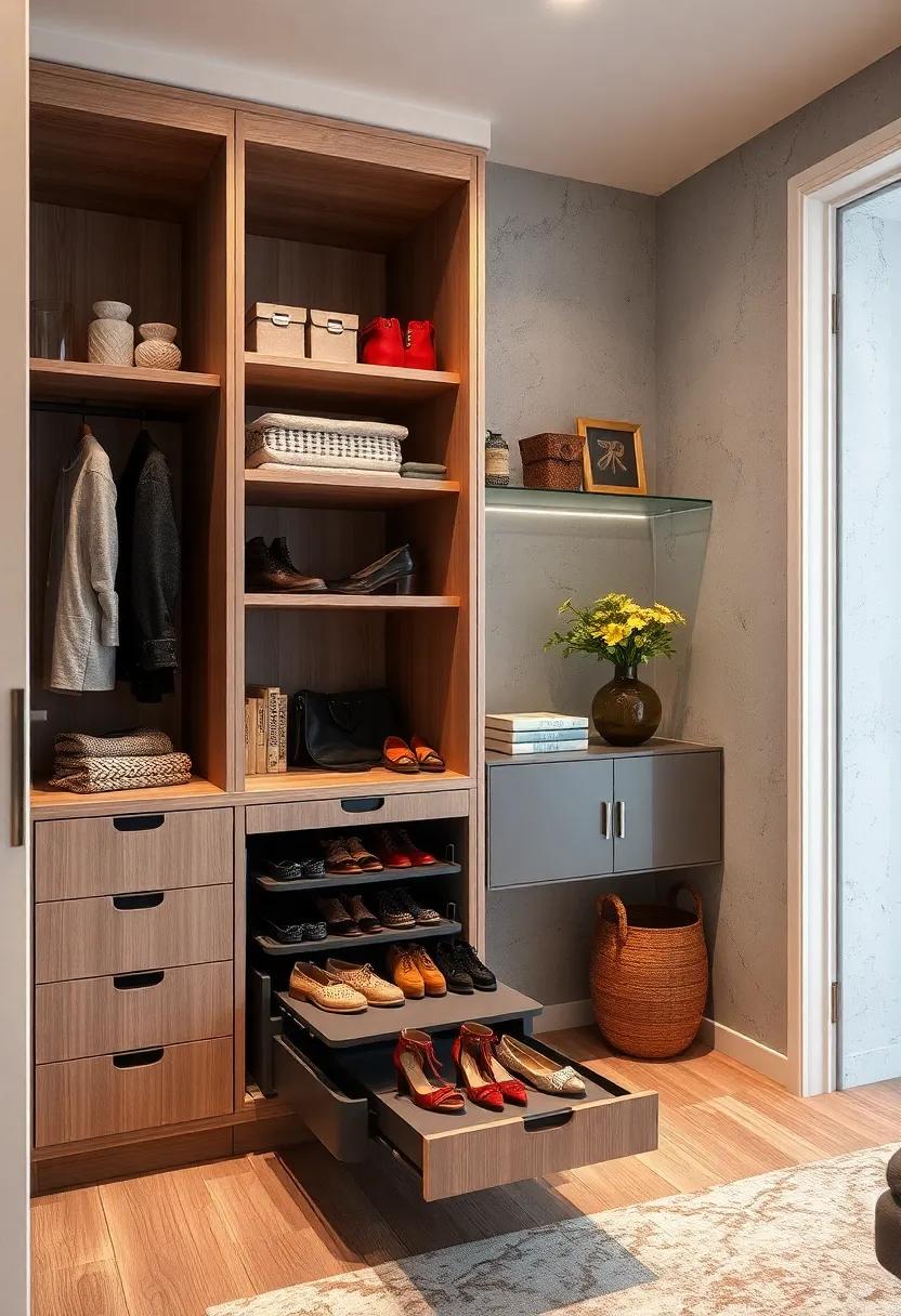 A closet designed with limited space in mind, featuring a pull-out rotating shoe carousel that glides smoothly on rails
