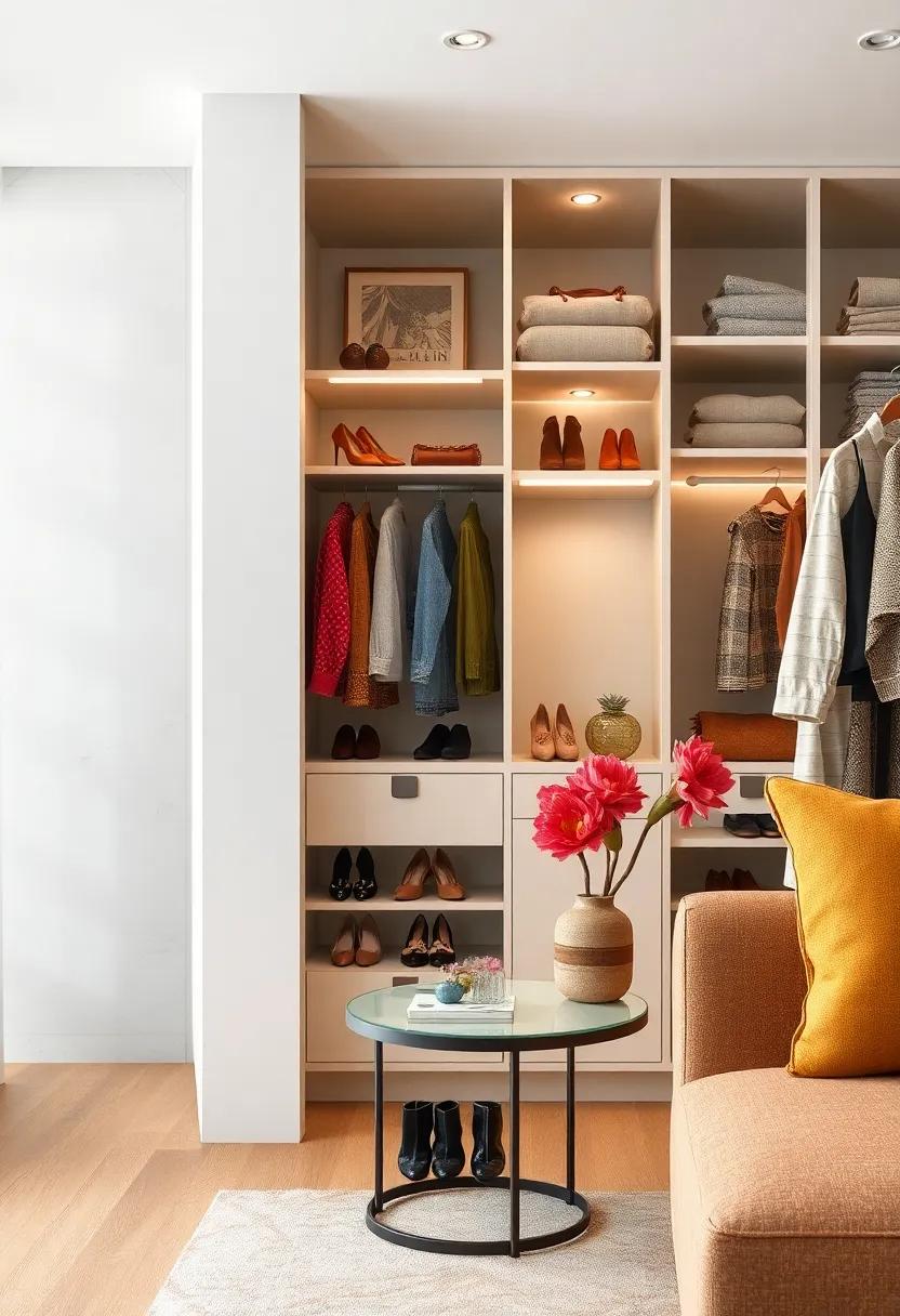 A dual-purpose closet featuring a rotating shoe carousel that also serves as a stylish side table when closed