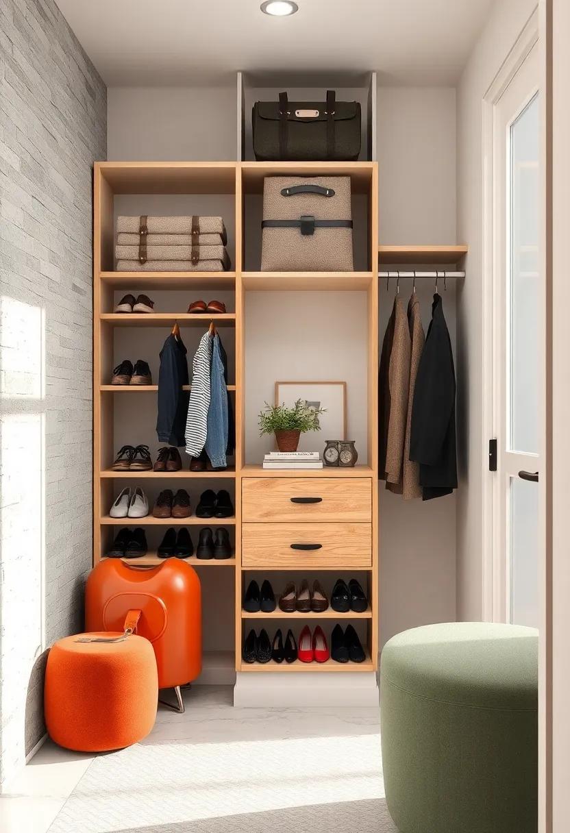 A closet with a vintage-inspired wooden shoe carousel, adding character and practicality to a small space