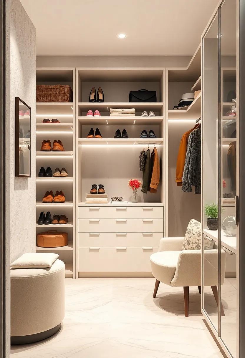 A closet with adjustable shelving and a compact rotating shoe carousel that adapts to different shoe sizes and styles