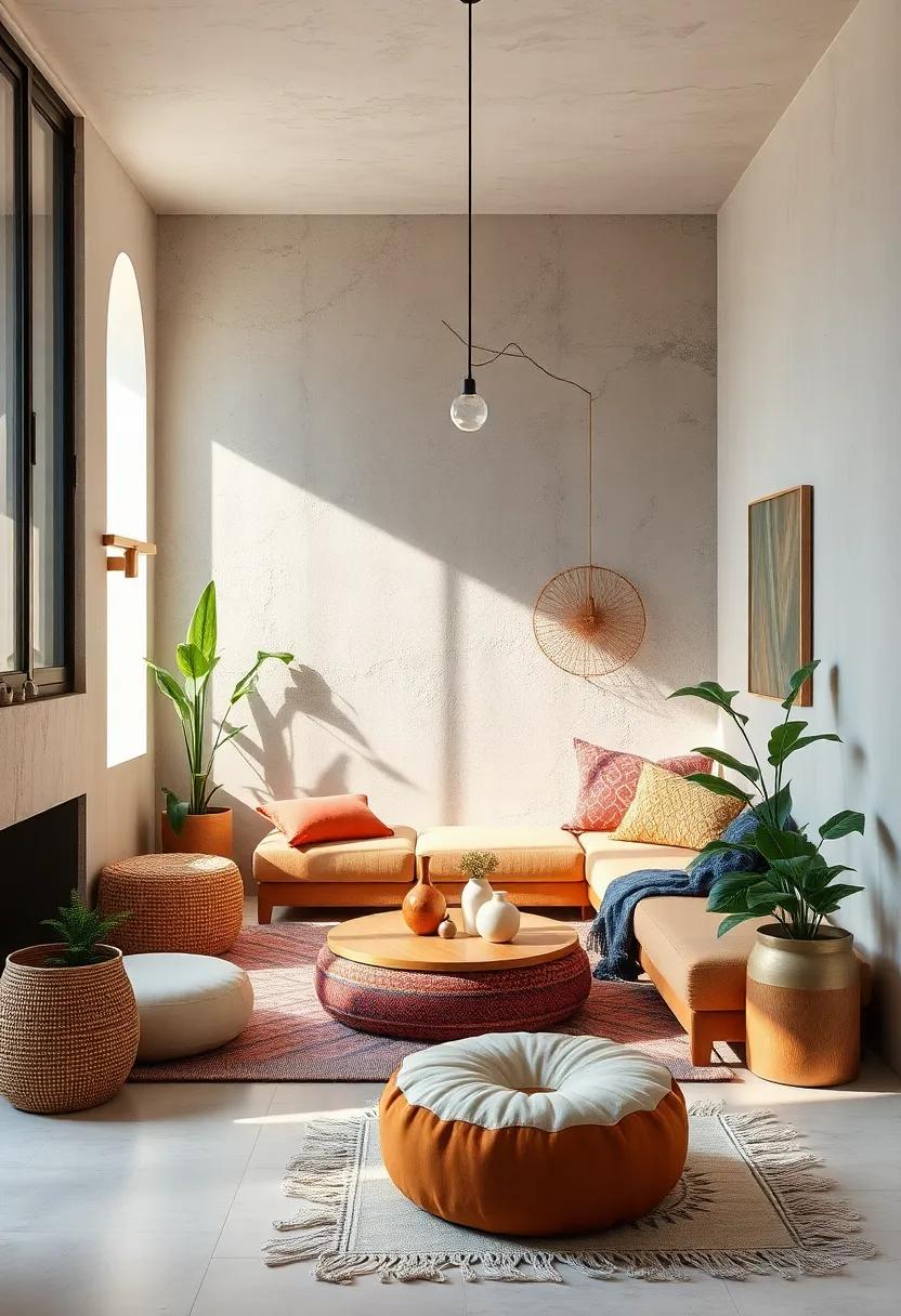 Integrate low-profile seating like floor cushions and poufs for relaxed and informal lounging