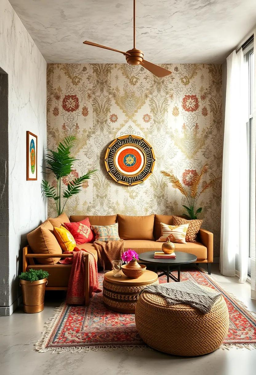 Mix global-inspired prints and patterns on fabrics and wallpaper to create an adventurous look