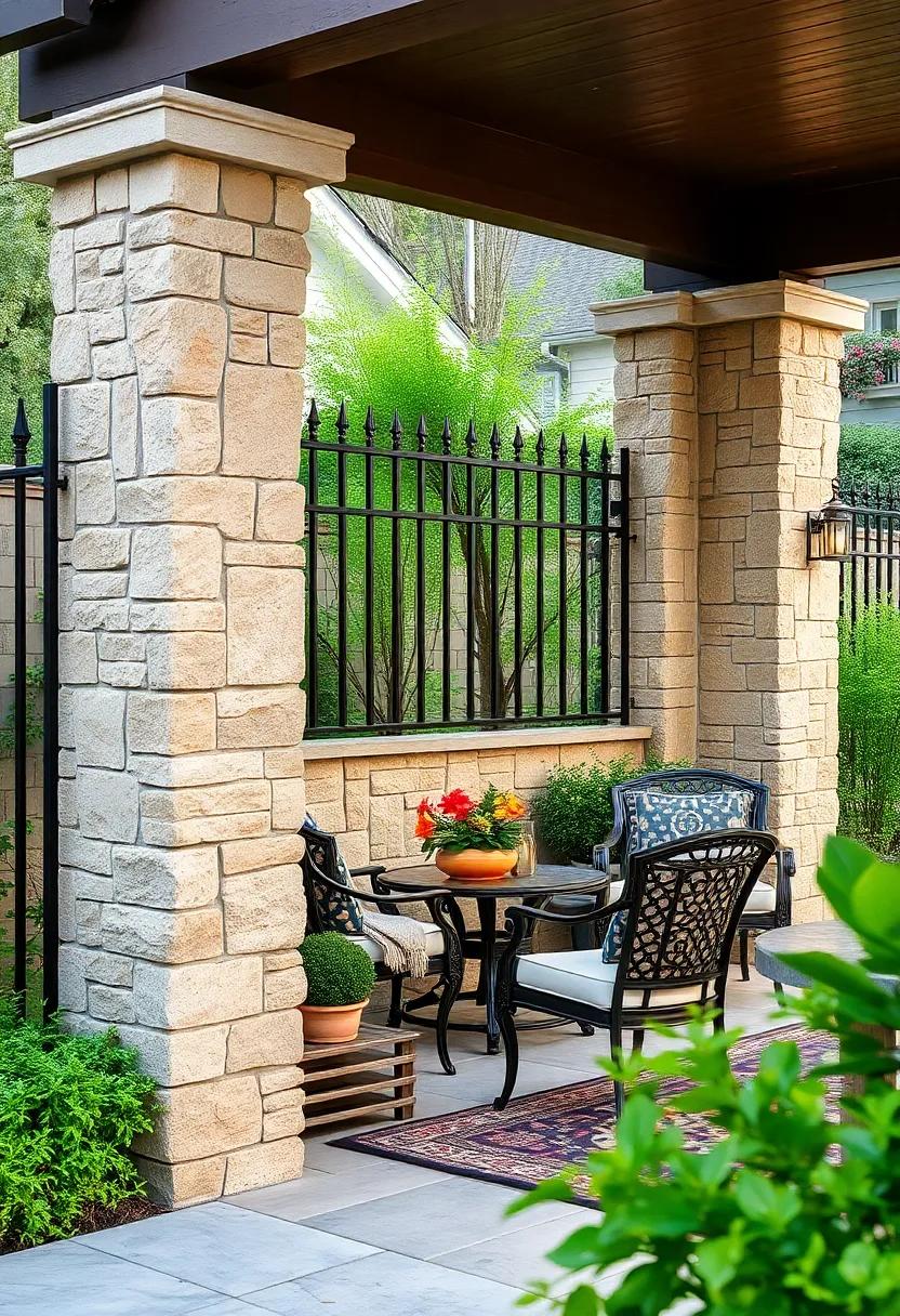 Rustic‌ Charm: ⁤Weathered iron scrollwork ‌paired with rugged​ natural stone pillars⁤ for ‍a timeless countryside appeal