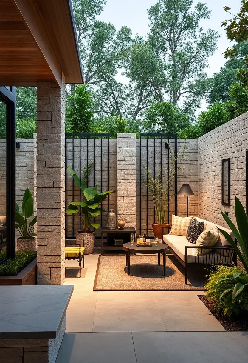 Contemporary Contrast: ​Polished steel iron ‍frames‍ anchored on rough, textured limestone⁤ pillars for a striking interplay