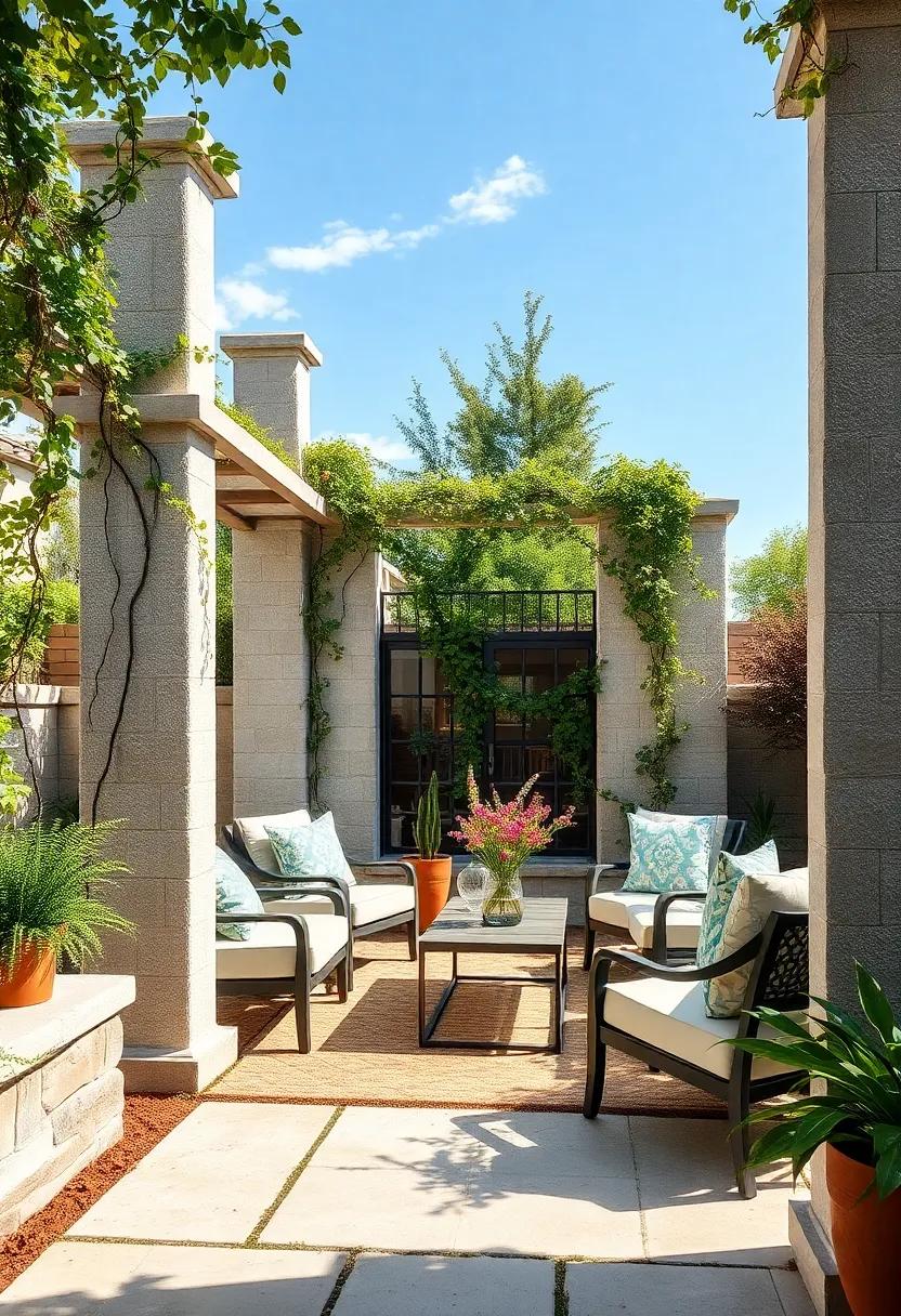 Cottage Delight: Soft limestone columns crowned with curling iron⁢ vines, perfect for a⁣ cozy, inviting garden space