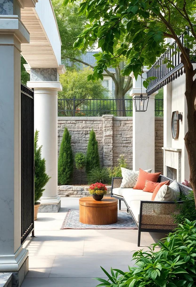 Timeless Elegance: ‍Smooth ‍marble pillars ‍crowned ‍with classic black iron spindles, perfectly framing ‌any garden‌ scene