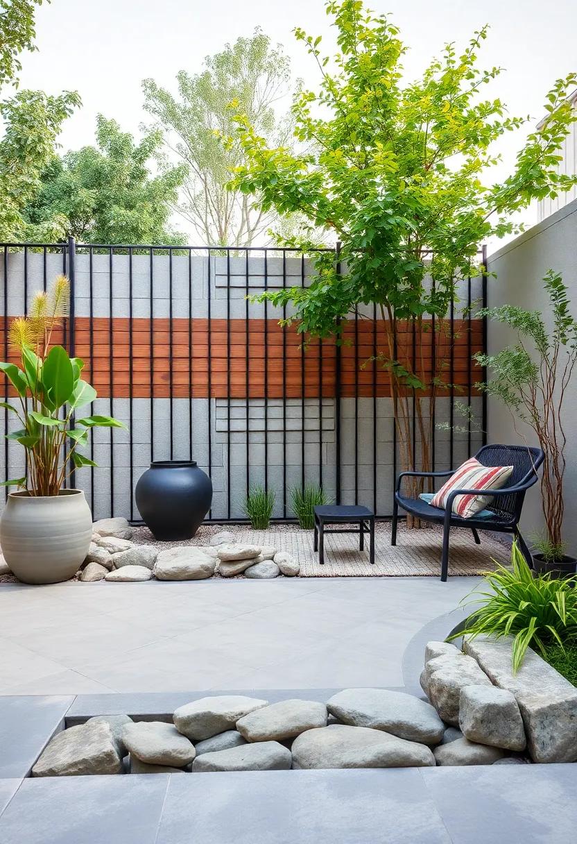 Zen⁢ Inspiration: Smooth river stones forming a low⁢ wall ⁢with minimalist iron fencing ​to foster tranquility and balance