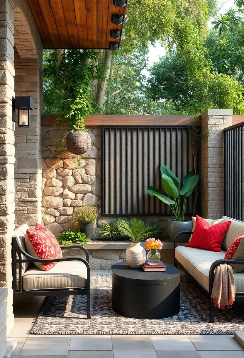 Rustic Industrial Blend:‌ Hammered ‍iron panels mounted⁢ on stacked field ​stones ​to bridge rawness ⁣with natural beauty