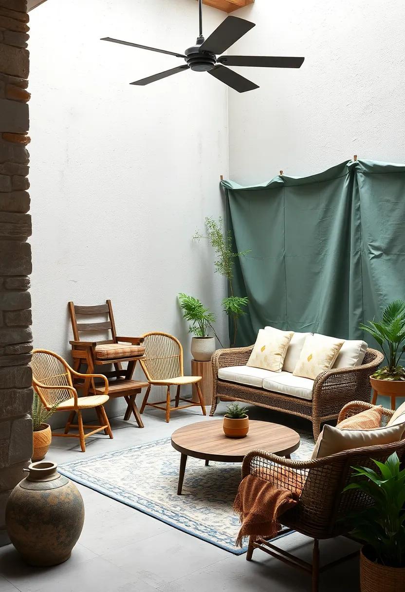 Stack Chairs and Tables in a Corner Protected ⁢by a Waterproof Tarp
