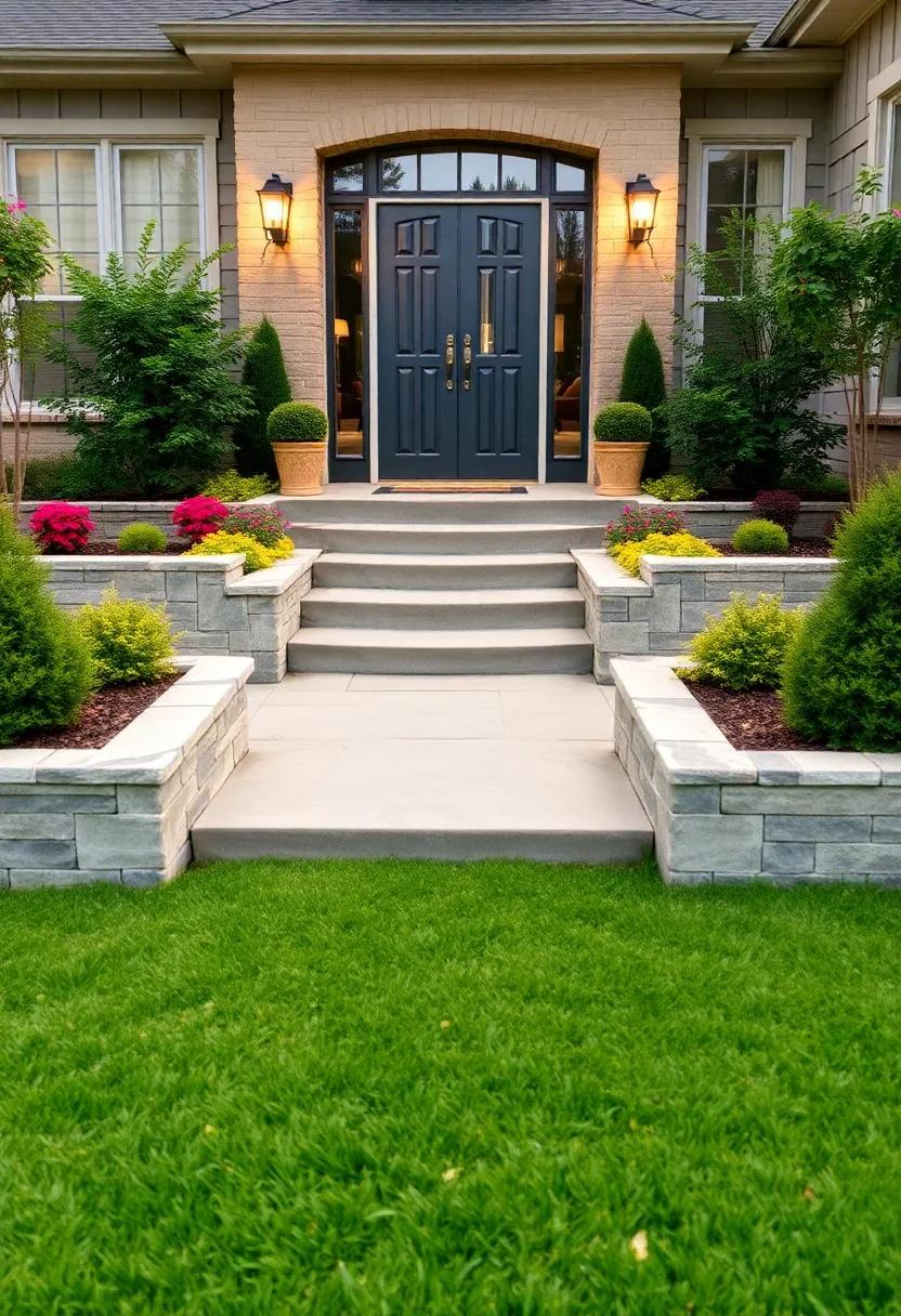 Create symmetrical tiered gardens flanking ⁢the pathway with matching retaining walls⁣ for a balanced‌ and‌ stately front ⁣yard