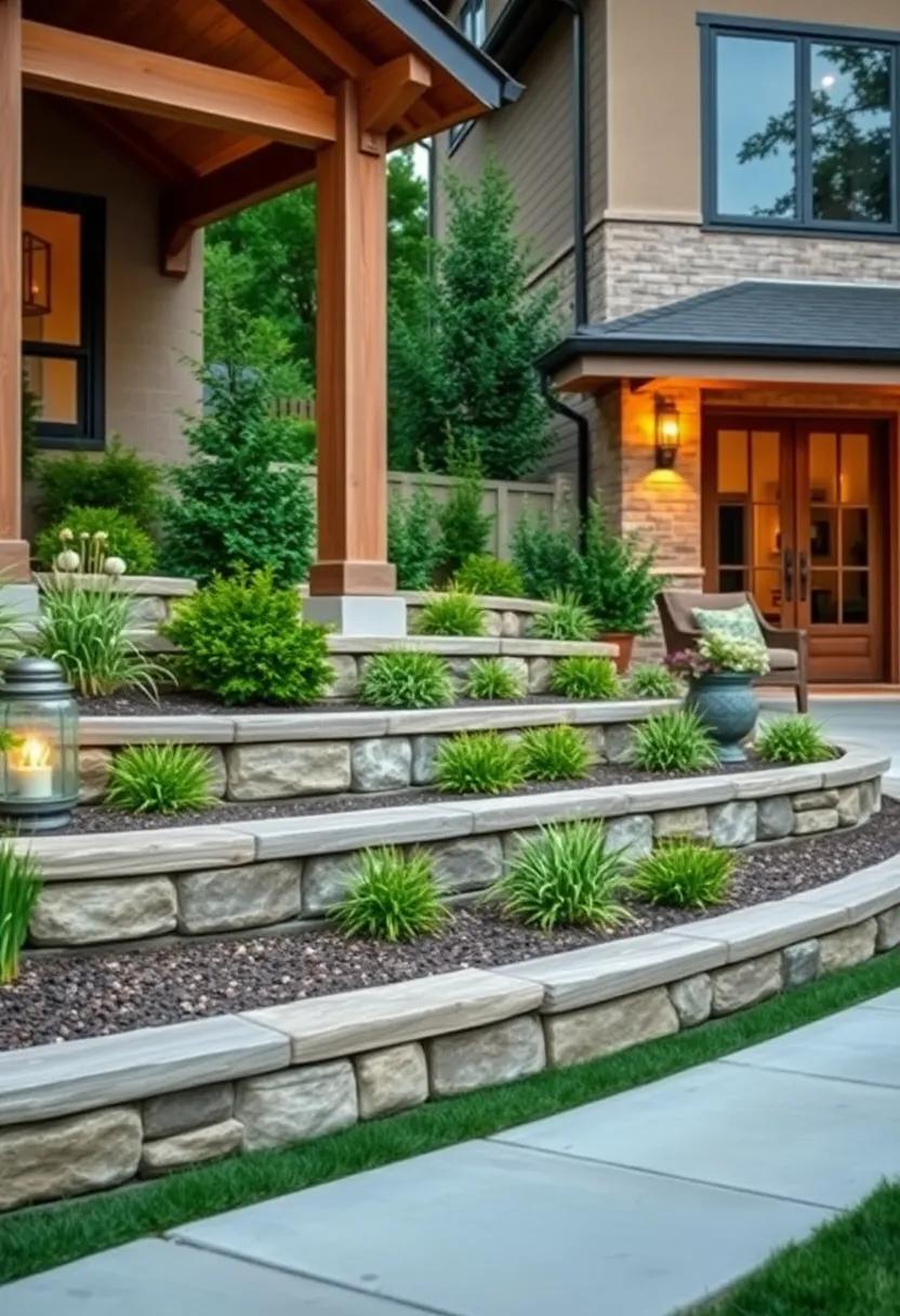 Incorporate wooden railroad ties for a rustic tiered retaining wall that adds warmth and texture to your front⁤ yard
