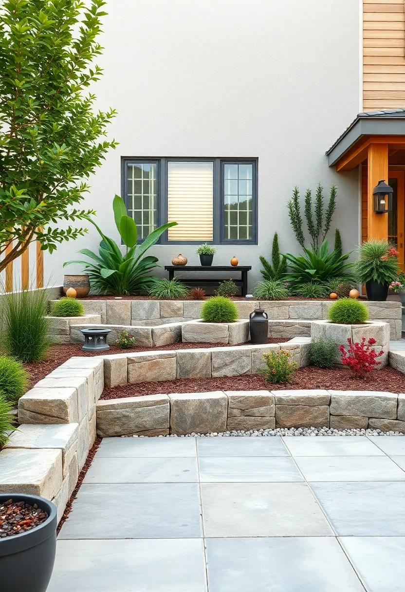 Mix gravel and mulch between retaining wall tiers for a simple, textural​ contrast‍ that complements various planting schemes