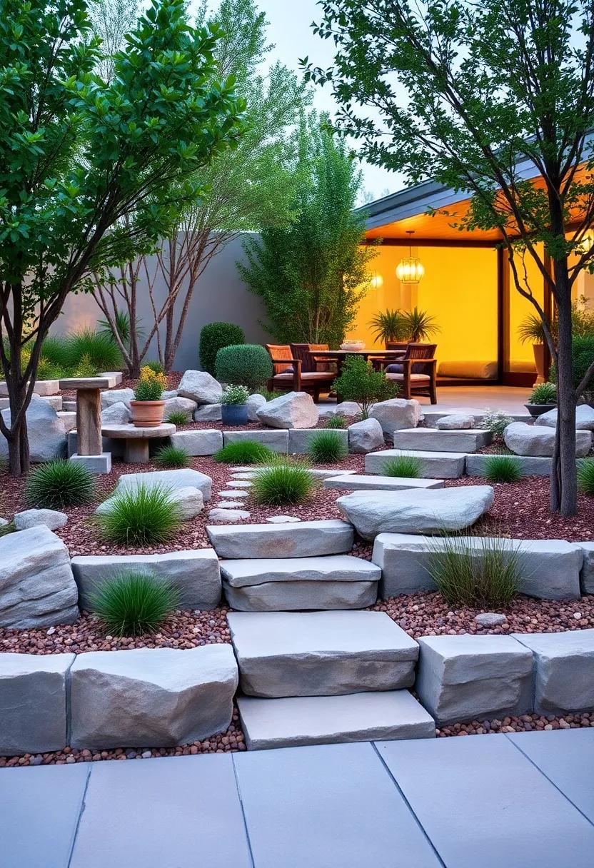 Frame a tiered rock garden with structured retaining walls and drought-tolerant plants for a zen-inspired curb appeal