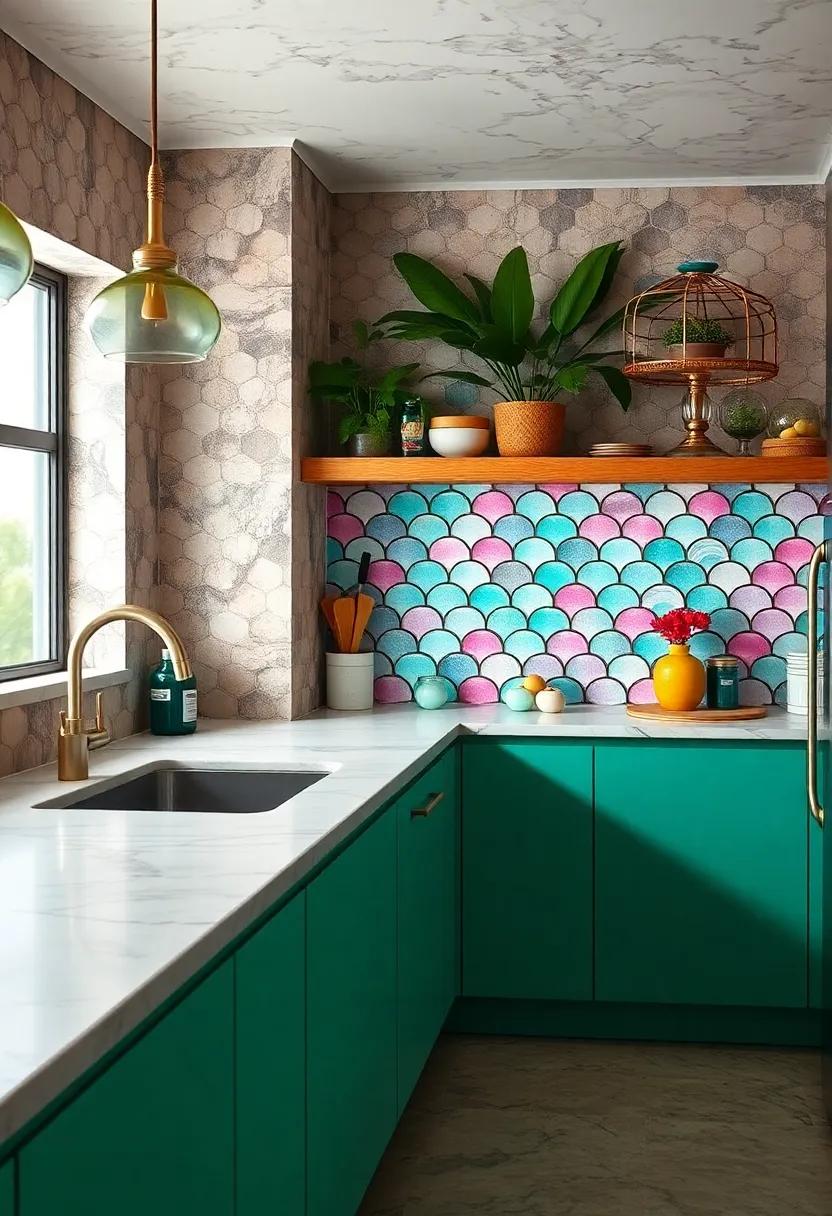 Feature a ​backsplash of glossy, iridescent fish-scale tiles in shades of seafoam and lavender, ​lending a whimsical underwater⁢ effect