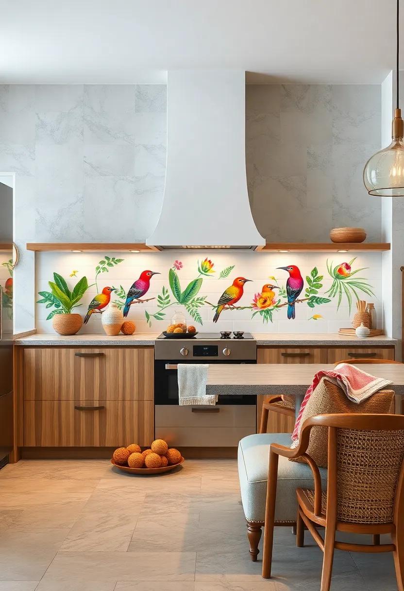 Highlight a‍ backsplash featuring colorful tropical ‍bird ⁤motifs ‍hand-painted on smooth white⁢ tiles for an artistic touch