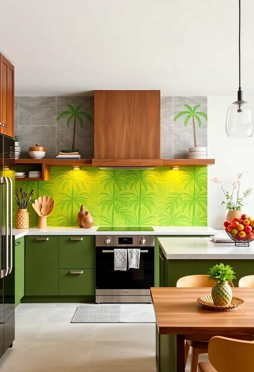 Integrate a vibrant lime green backsplash ⁢with raised palm tree designs to add texture and depth to your tropical kitchen