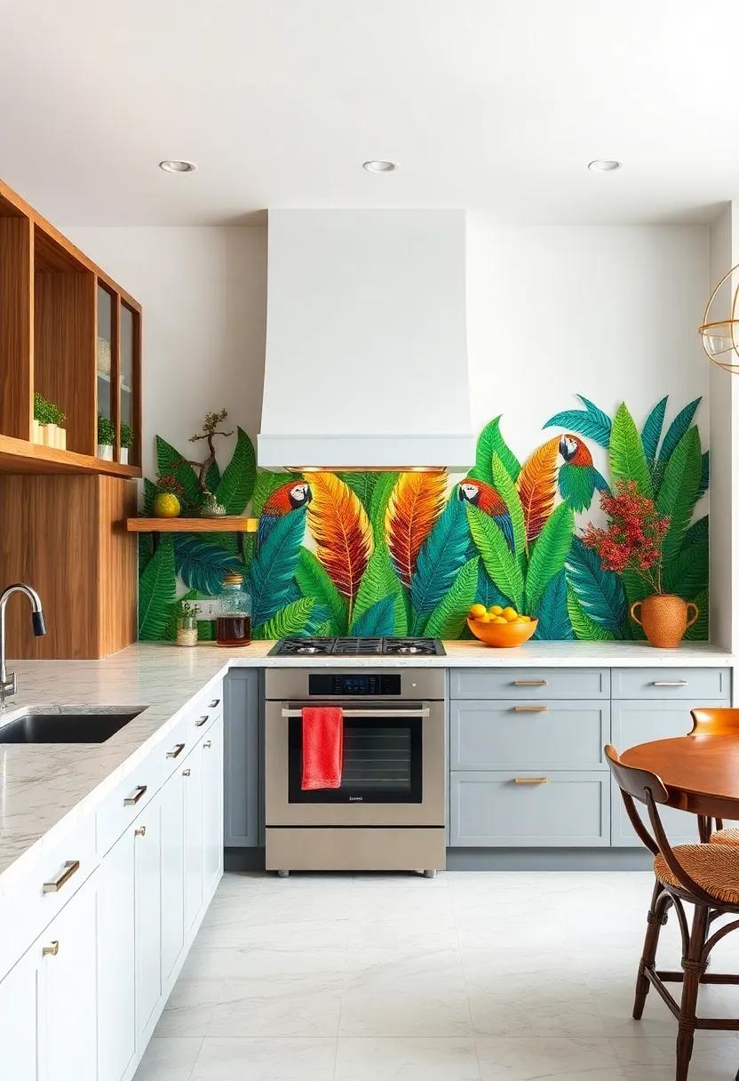 Introduce a backsplash with hand-mosaic parrot feathers in jewel tones, infusing a playful and exotic charm to ‍your ‌cooking area